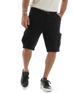 Bermuda Cargo Uomo Cotone Pantaloncini Corti Casual Con Tasconi Con Tasche America Oversize Wide Leg Tinta Unita Nero GIOSAL-PC1978A