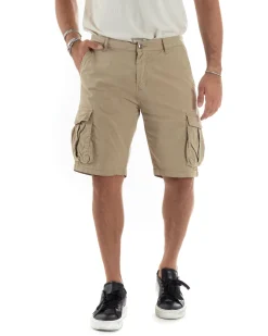 Bermuda Cargo Uomo Cotone Pantaloncini Corti Casual Con Tasconi Con Tasche America Oversize Wide Leg Tinta Unita Beige GIOSAL-PC1976A