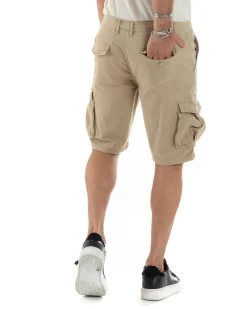 Bermuda Cargo Uomo Cotone Pantaloncini Corti Casual Con Tasconi Con Tasche America Oversize Wide Leg Tinta Unita Beige GIOSAL-PC1976A