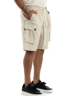 Bermuda Cargo Uomo Cotone Pantalaccio Corto Jogger Con Tasconi Tasche America Con Laccio Oversize Wide Leg Beige GIOSAL-PC1973A