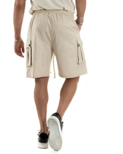 Bermuda Cargo Uomo Cotone Pantalaccio Corto Jogger Con Tasconi Tasche America Con Laccio Oversize Wide Leg Beige GIOSAL-PC1973A