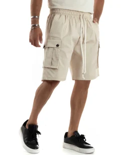 Bermuda Cargo Uomo Cotone Pantalaccio Corto Jogger Con Tasconi Tasche America Con Laccio Oversize Wide Leg Beige GIOSAL-PC1973A