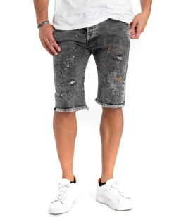Bermuda Jeans Pantaloncino Uomo Denim Grigio Schizzato Cinque Tasche GIOSAL-PC1820A