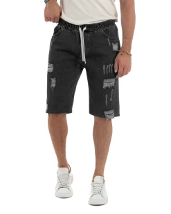 Bermuda jeans uomo pantalaccio rotture regular fit denim nero GIOSAL-PC2004A