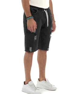 Bermuda jeans uomo pantalaccio rotture regular fit denim nero GIOSAL-PC2004A