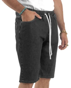 Bermuda jeans uomo pantalaccio basic regular fit coulisse denim nero GIOSAL-PC2035A