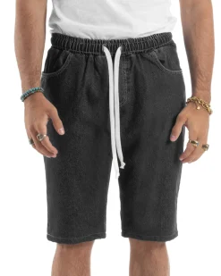 Bermuda jeans uomo pantalaccio basic regular fit coulisse denim nero GIOSAL-PC2035A