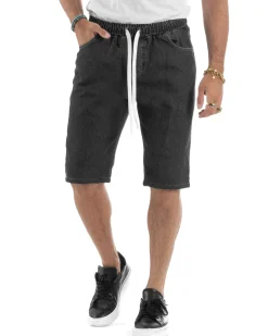 Bermuda jeans uomo pantalaccio basic regular fit coulisse denim nero GIOSAL-PC2035A