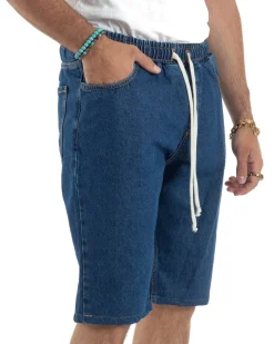 Bermuda jeans uomo pantalaccio basic regular fit coulisse denim scuro GIOSAL-PC1990A