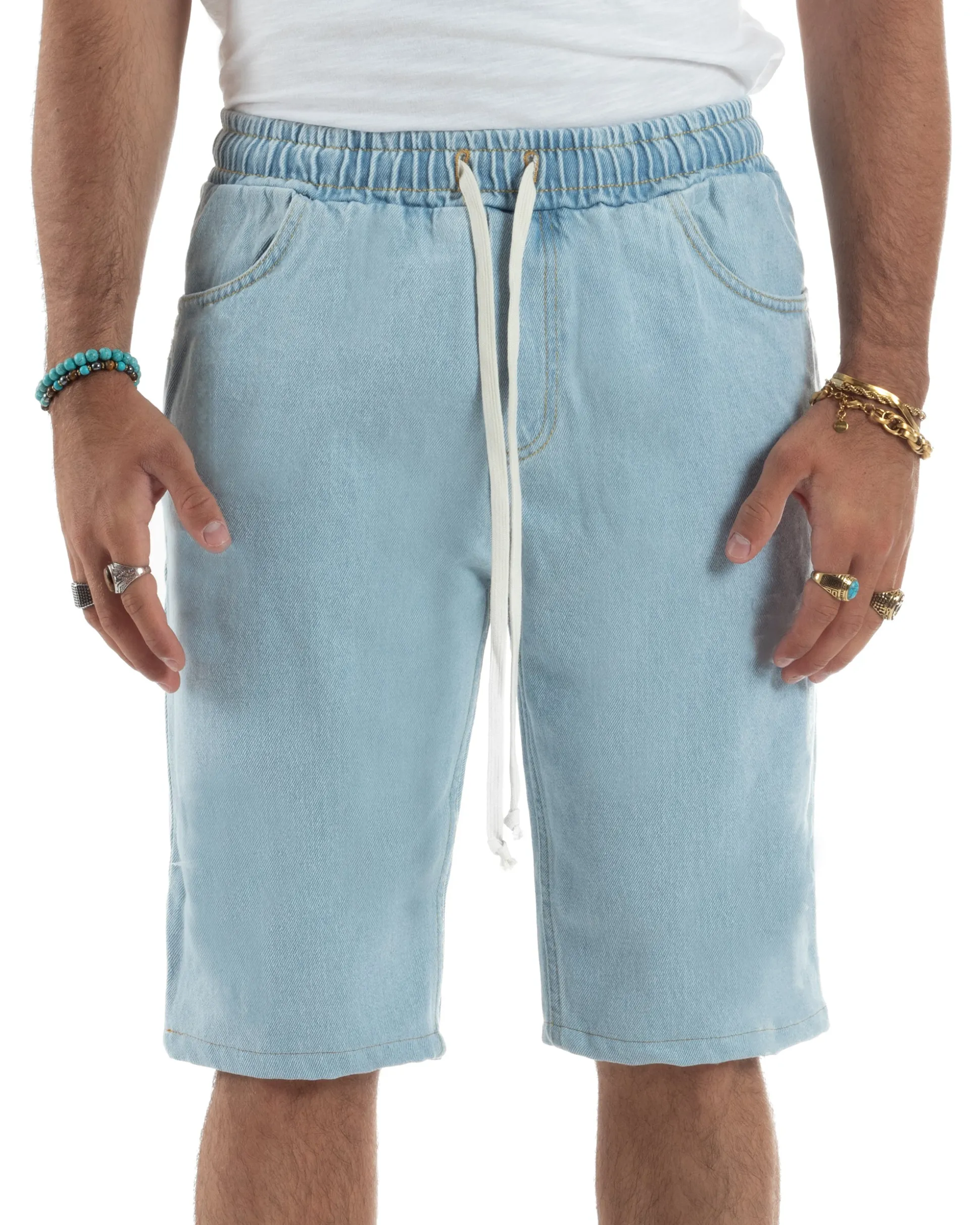 Bermuda jeans uomo pantalaccio basic regular fit coulisse denim chiaro GIOSAL-PC2029A