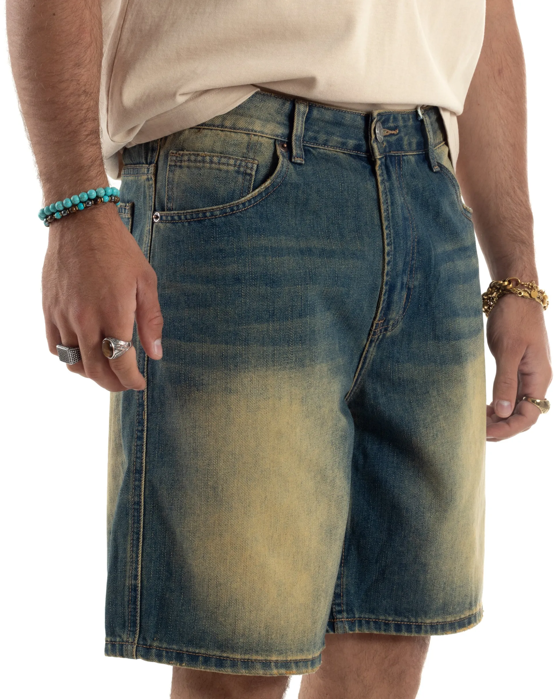 Bermuda Jeans Uomo Sabbiato Pantaloni Denim Regular Fit PC1984A