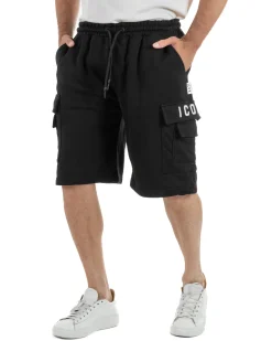 Bermuda jogger cargo uomo tasche laterali logo streetwear nero ICON-IUB003