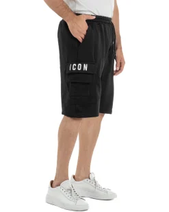 Bermuda jogger cargo uomo tasche laterali logo streetwear nero ICON-IUB003