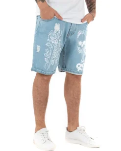 Bermuda Pantaloncini Jeans Corti Uomo Stampa Teschio Cinque Tasche Casual Denim Chiaro GIOSAL-PC1848A