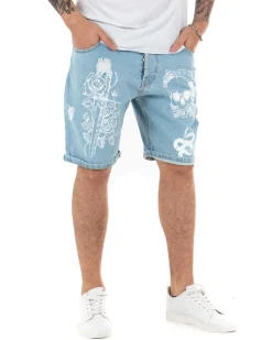 Bermuda Pantaloncini Jeans Corti Uomo Stampa Teschio Cinque Tasche Casual Denim Chiaro GIOSAL-PC1848A