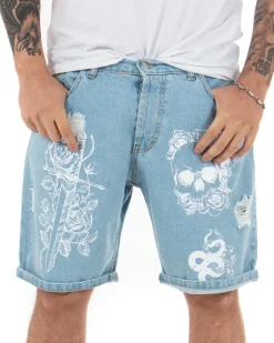 Bermuda Pantaloncini Jeans Corti Uomo Stampa Teschio Cinque Tasche Casual Denim Chiaro GIOSAL-PC1848A