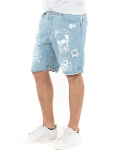 Bermuda Pantaloncini Jeans Corti Uomo Stampa Teschio Cinque Tasche Casual Denim Chiaro GIOSAL-PC1848A