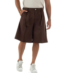 Bermuda pantaloncini uomo baggy fit pinces cintura in vita marrone GIOSAL-PC2064A