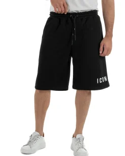 Bermuda pantaloncini uomo coulisse relaxed fit logo streetwear nero ICON-IUB001