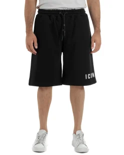 Bermuda pantaloncini uomo coulisse relaxed fit logo streetwear nero ICON-IUB001