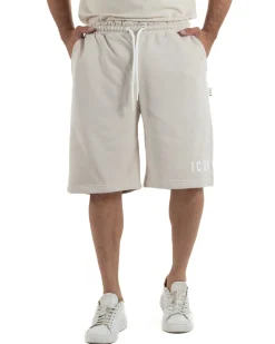 Bermuda pantaloncini uomo coulisse relaxed fit logo streetwear beige ICON-IUB001