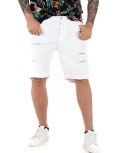 Bermuda Pantaloncini Uomo Corti Comodi Con Rotture Cinque Tasche Regular Fit Casual Tinta Unita Bianco GIOSAL-PC1762A