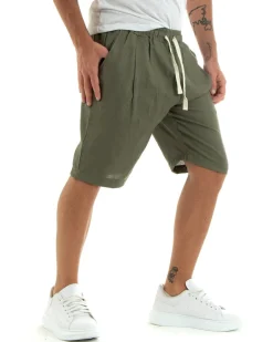 Bermuda Pantaloncini Uomo Corti Lino Pantalaccio Basic Verde GIOSAL-PC1924A