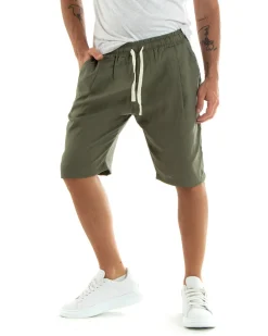 Bermuda Pantaloncini Uomo Corti Lino Pantalaccio Basic Verde GIOSAL-PC1924A