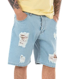 Bermuda Pantaloncini Uomo Corti Casual Jeans Cinque Tasche Con Rotture Regular Fit Denim Chiaro GIOSAL-PC1691A