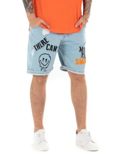 Bermuda Pantaloncini Uomo Corti Jeans Smile Stampa Denim Chiaro GIOSAL-PC1843A