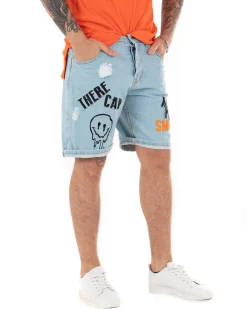 Bermuda Pantaloncini Uomo Corti Jeans Smile Stampa Denim Chiaro GIOSAL-PC1843A