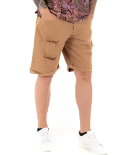 Bermuda Pantaloncini Uomo Corti Comodi Con Rotture Cinque Tasche Regular Fit Casual Tinta Unita Camel GIOSAL-PC1763A