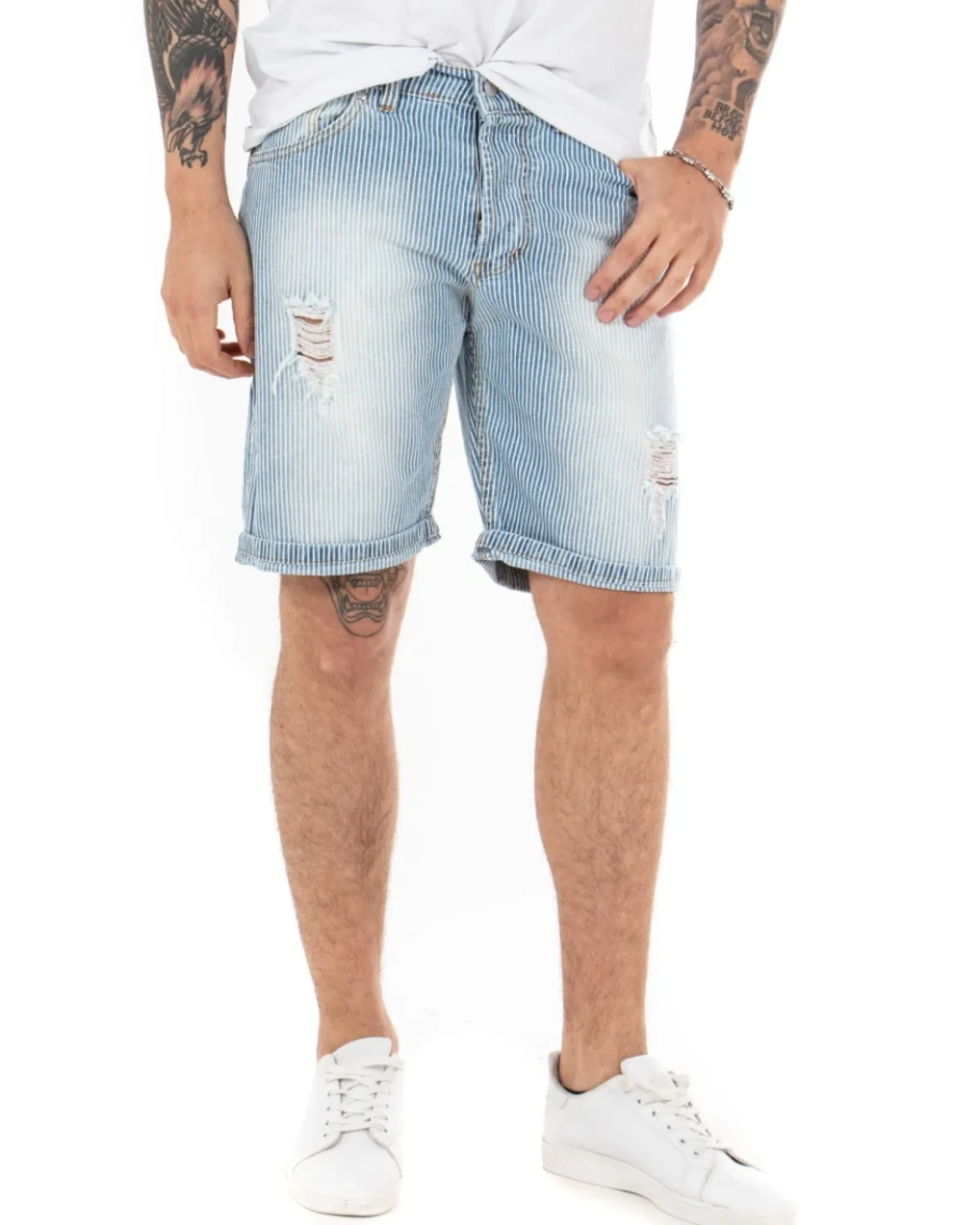 Bermuda Pantaloncini Uomo Corti Jeans Con Rotture Stonewashed Casual Denim Rigato GIOSAL-PC1849A
