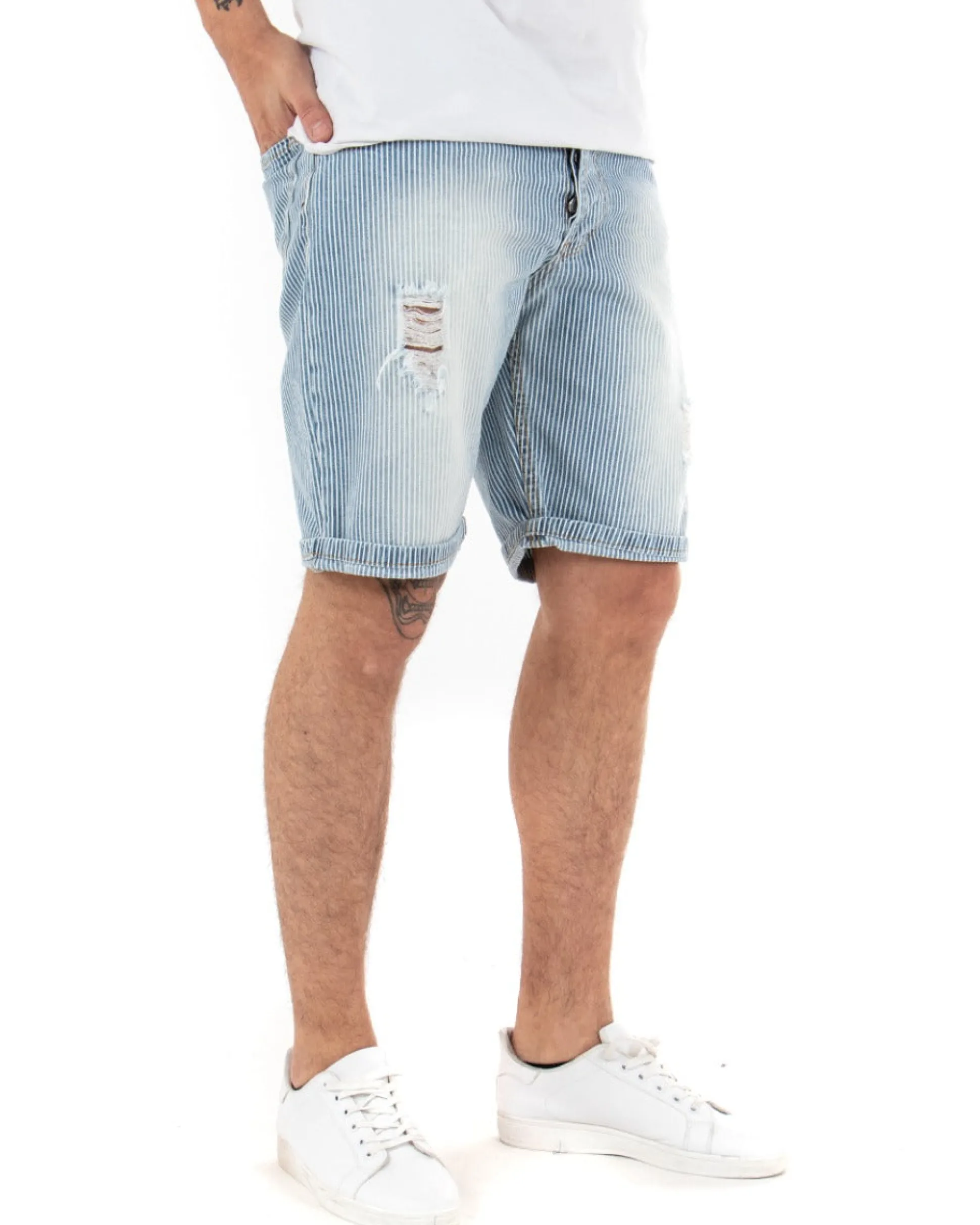 Bermuda Pantaloncini Uomo Corti Jeans Con Rotture Stonewashed Casual Denim Rigato GIOSAL-PC1849A