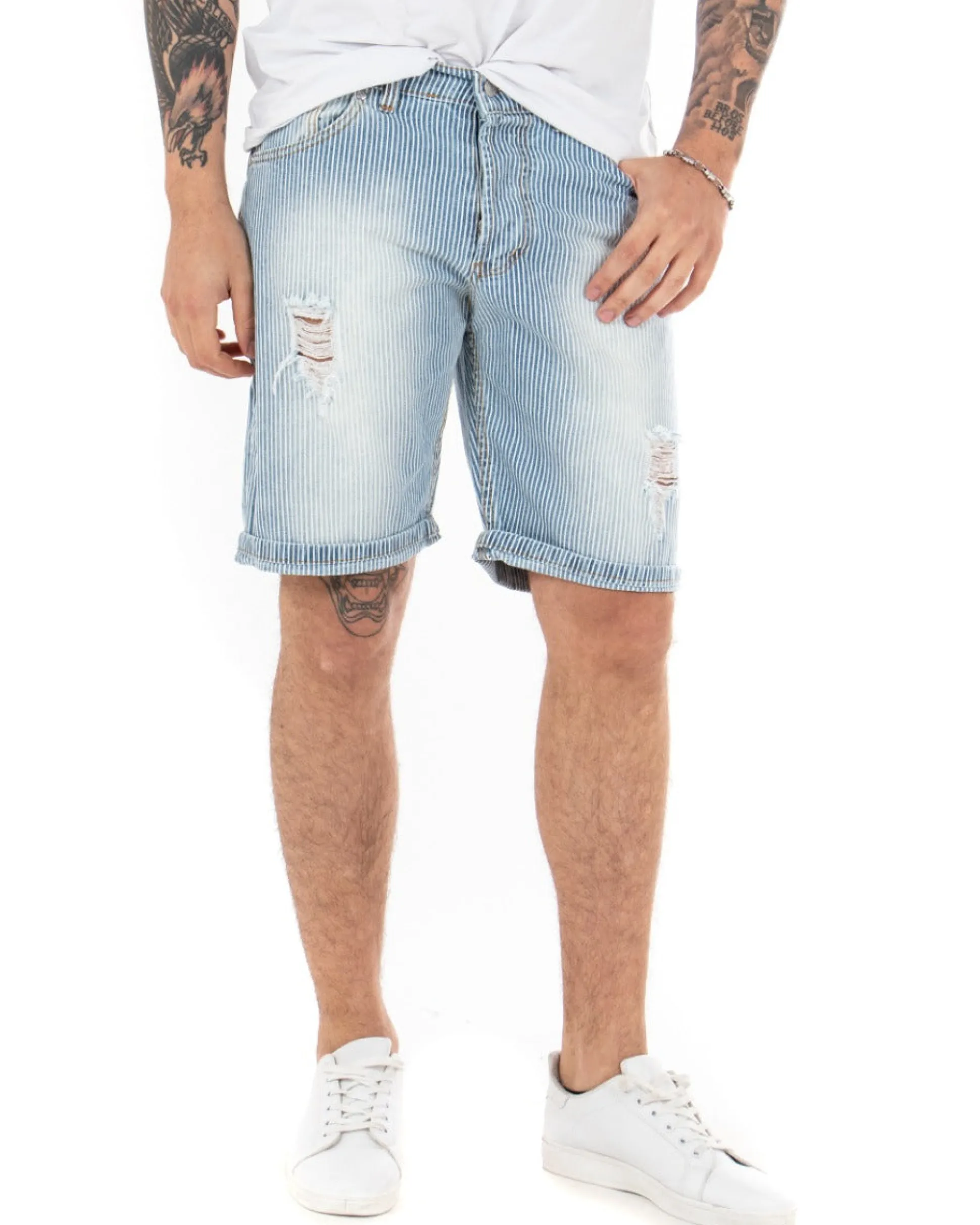 Bermuda Pantaloncini Uomo Corti Jeans Con Rotture Stonewashed Casual Denim Rigato GIOSAL-PC1849A
