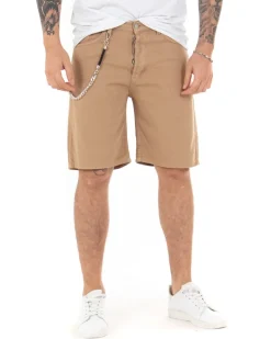 Bermuda Pantaloncini Uomo Corti Cotone Casual Cinque Tasche Con Catena Tinta Unita Camel GIOSAL-PC1713A
