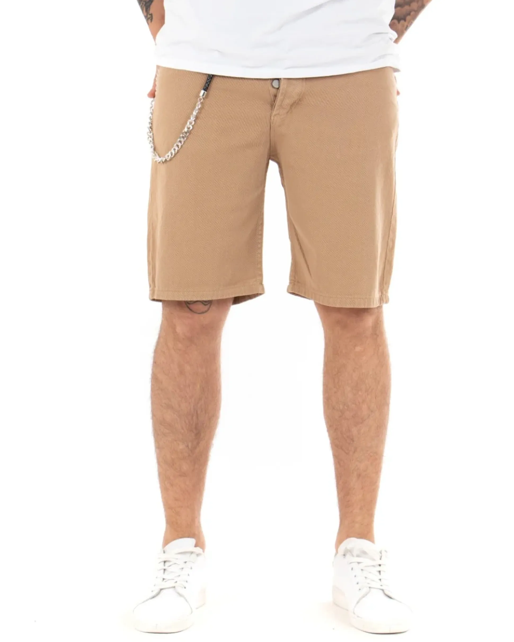 Bermuda Pantaloncini Uomo Corti Cotone Casual Cinque Tasche Con Catena Tinta Unita Camel GIOSAL-PC1713A