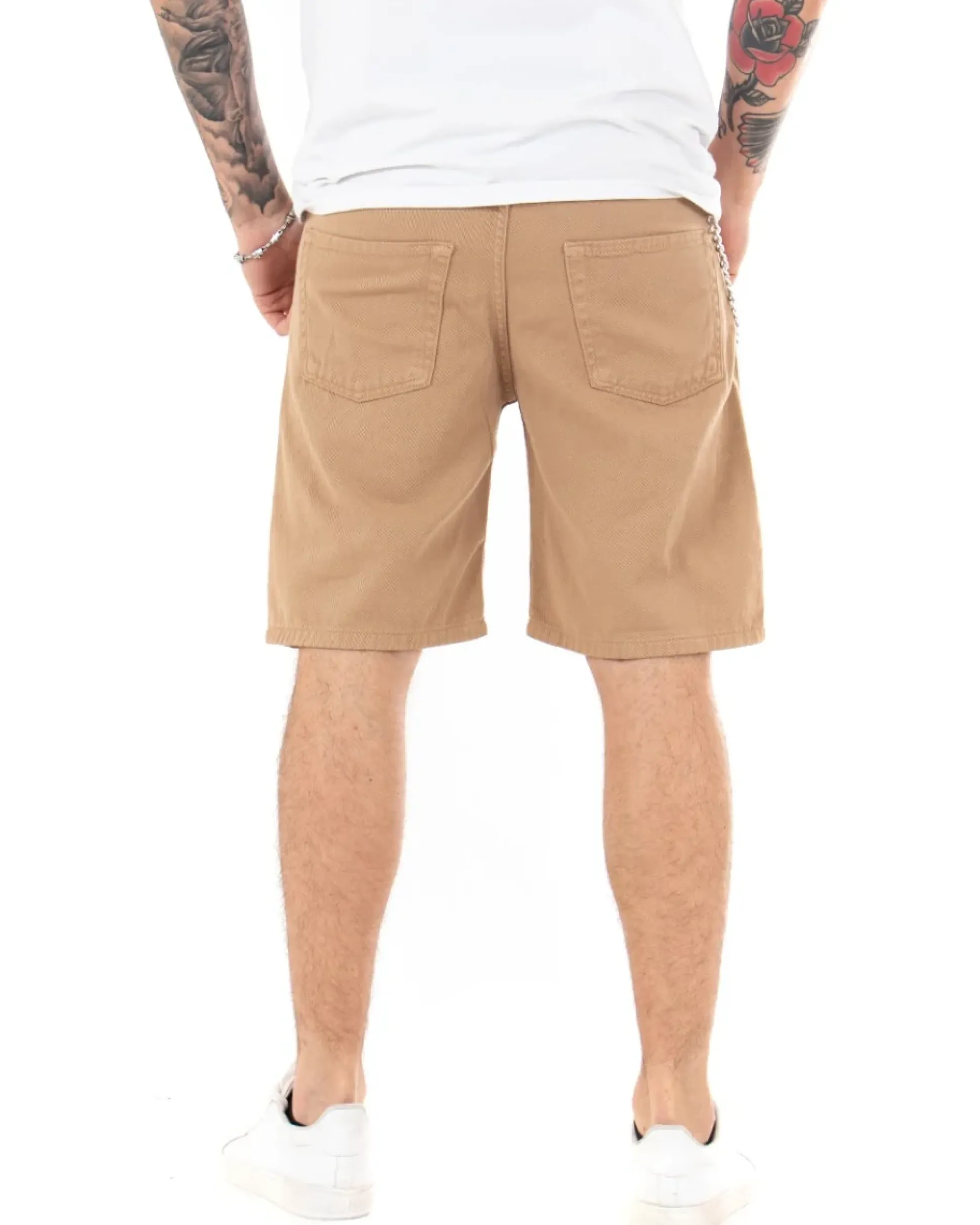 Bermuda Pantaloncini Uomo Corti Cotone Casual Cinque Tasche Con Catena Tinta Unita Camel GIOSAL-PC1713A