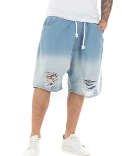 Bermuda Pantaloncini Uomo Corti Jeans Sfumato Chiaro Rotture Denim Bicolore GIOSAL-PC1847A