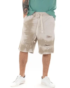 Bermuda Pantaloncini Uomo Corti Sfumati Tie Dye Con Rotture Cavallo Basso Pantalaccio Wide Leg Beige GIOSAL-PC1695A
