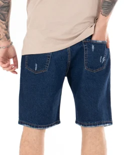 Bermuda Pantaloncini Uomo Corti Jeans Con Rotture Cinque Tasche Taschino Denim Scuro GIOSAL-PC1845A