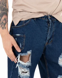 Bermuda Pantaloncini Uomo Corti Jeans Con Rotture Cinque Tasche Taschino Denim Scuro GIOSAL-PC1845A