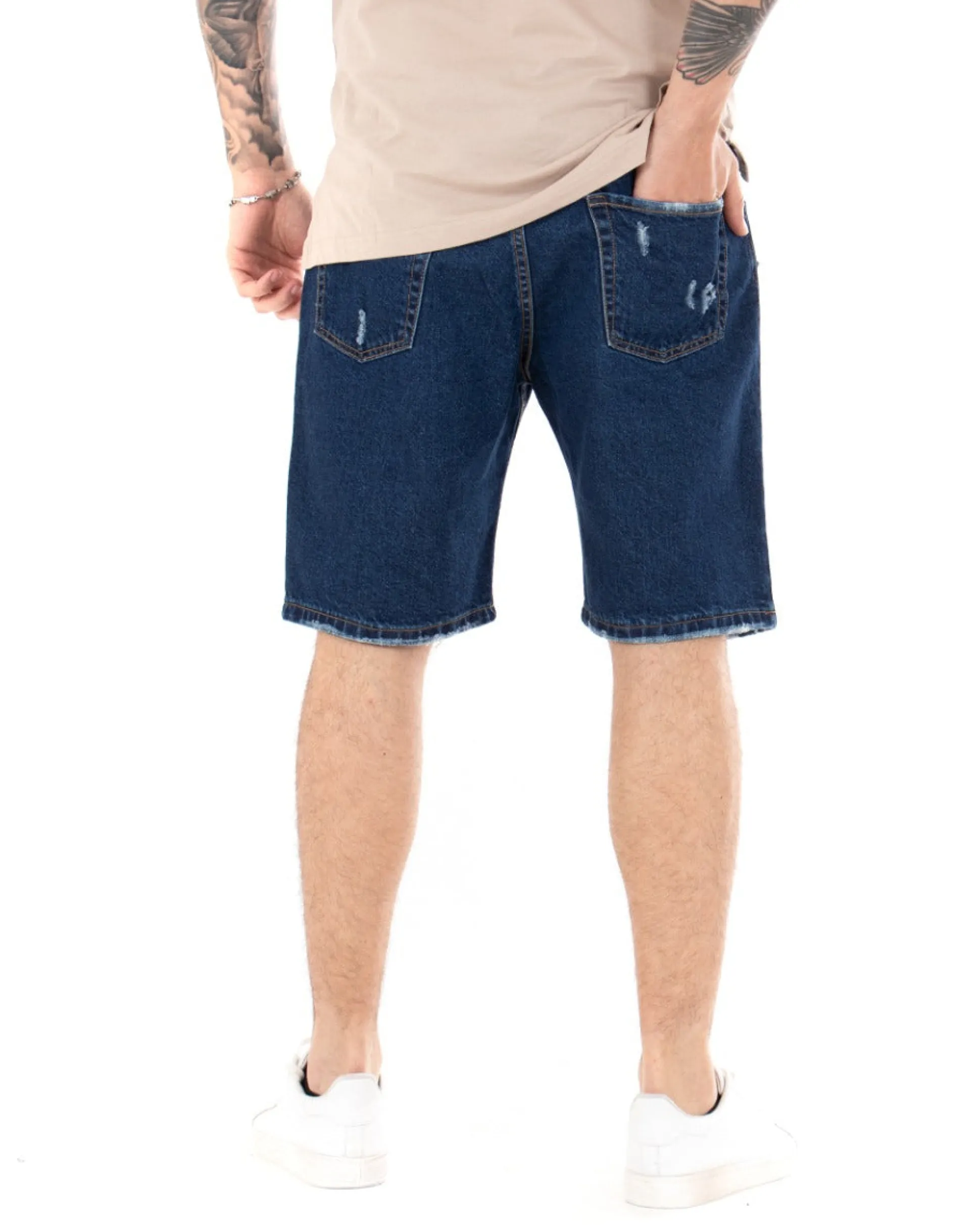 Bermuda Pantaloncini Uomo Corti Jeans Con Rotture Cinque Tasche Taschino Denim Scuro GIOSAL-PC1845A