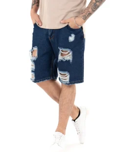 Bermuda Pantaloncini Uomo Corti Jeans Con Rotture Cinque Tasche Taschino Denim Scuro GIOSAL-PC1845A