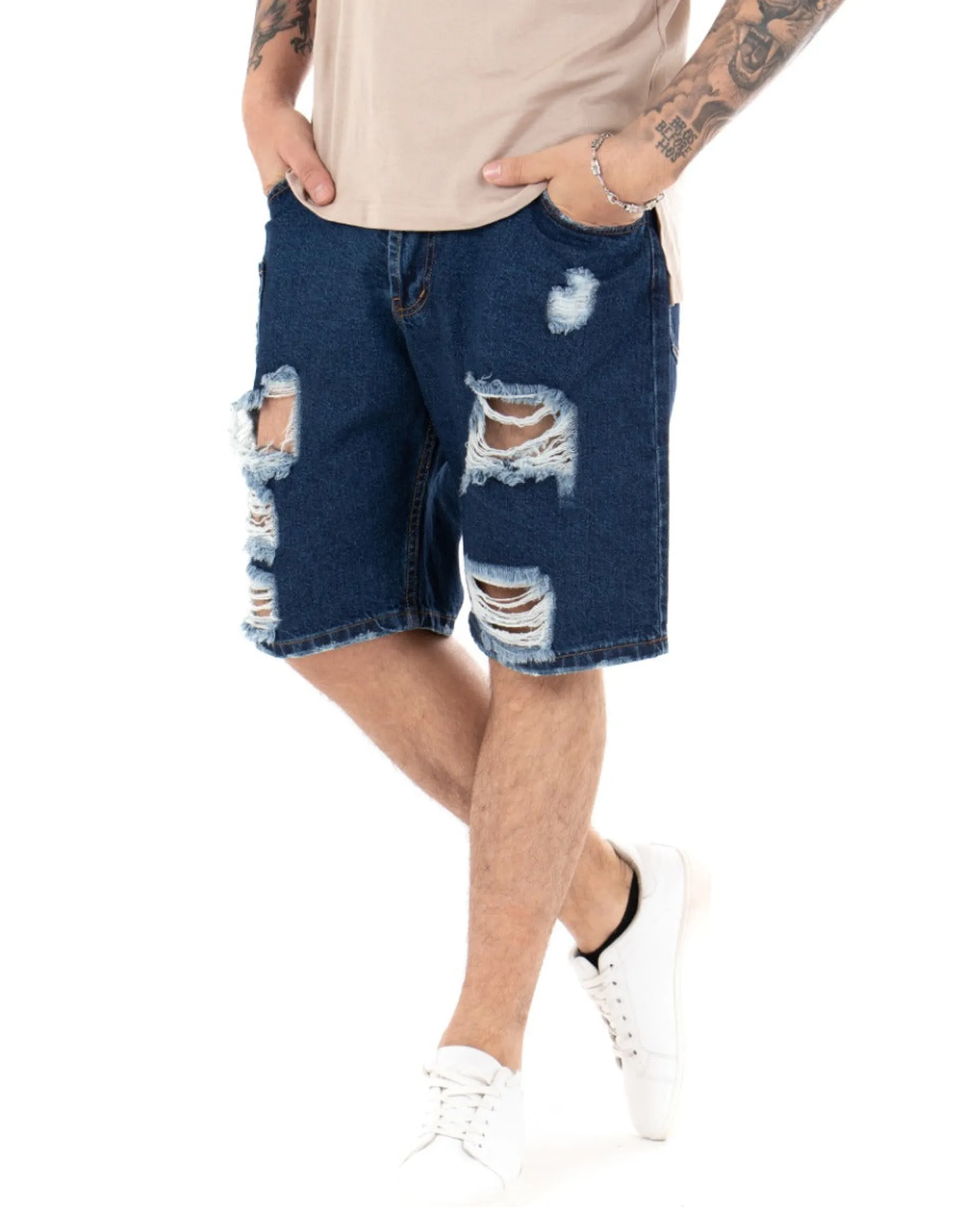 Bermuda Pantaloncini Uomo Corti Jeans Con Rotture Cinque Tasche Taschino Denim Scuro GIOSAL-PC1845A