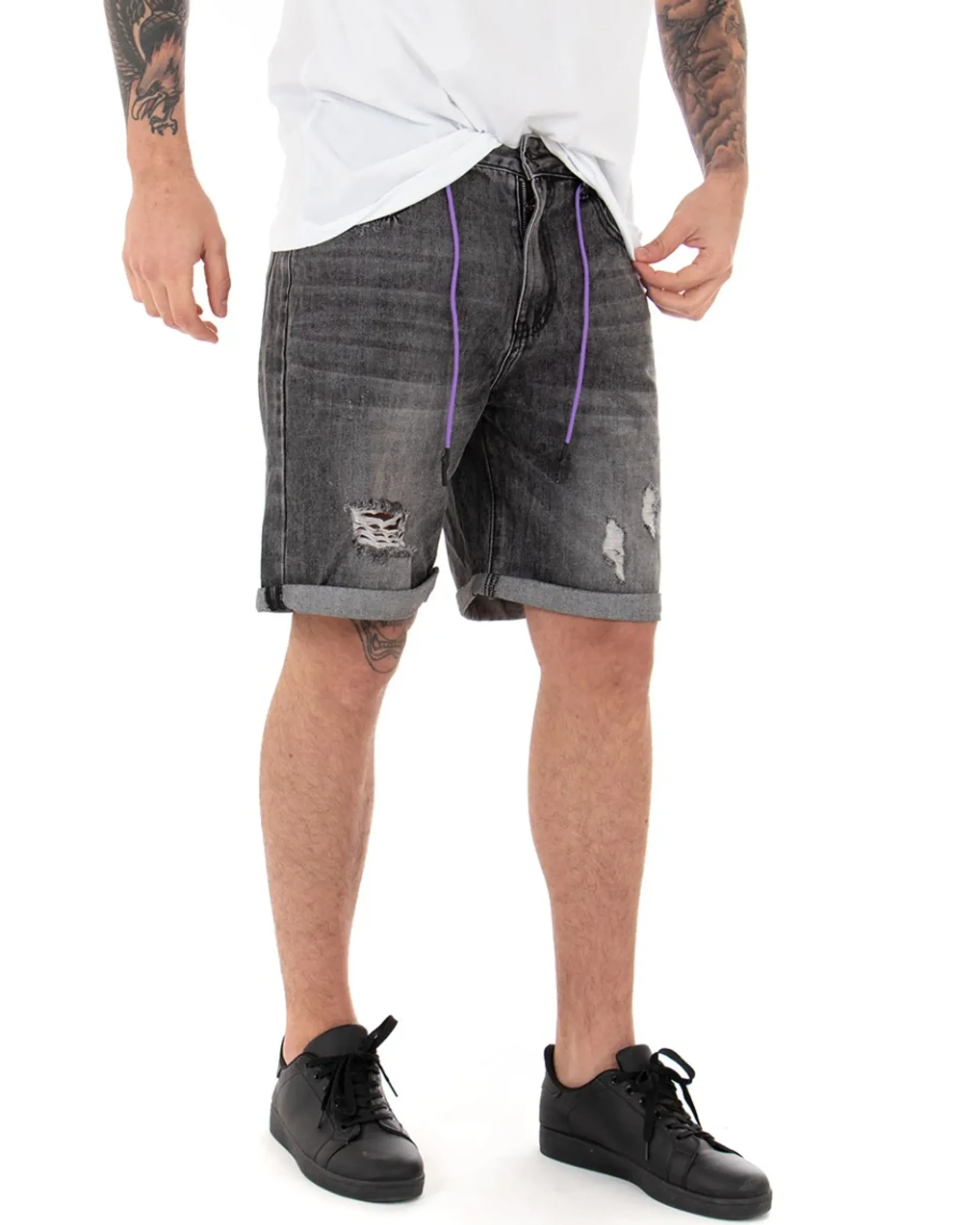 Bermuda Pantaloncini Uomo Corti Jeans Con Rotture Cinque Tasche Basic Grigio Sfumato GIOSAL-PC1841A