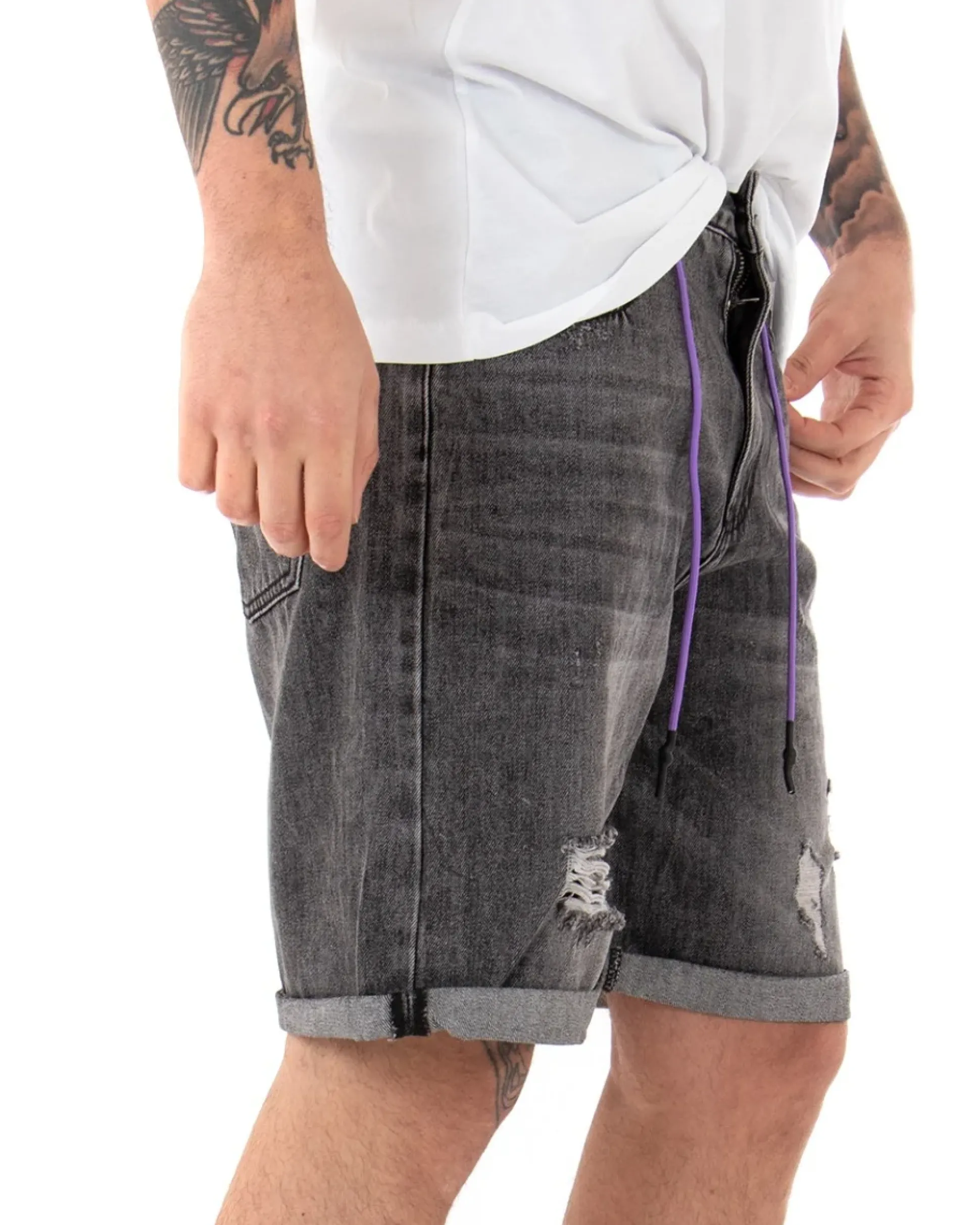 Bermuda Pantaloncini Uomo Corti Jeans Con Rotture Cinque Tasche Basic Grigio Sfumato GIOSAL-PC1841A