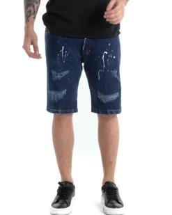 Bermuda Pantaloncini Uomo Corti Jeans Cinque Tasche Con Rotture Regular Fit Sfumato Denim Macchie Pittura GIOSAL-PC1817A