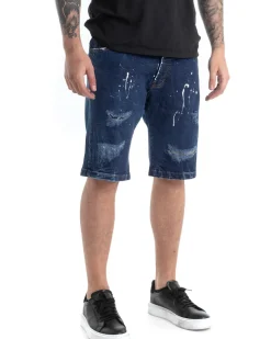 Bermuda Pantaloncini Uomo Corti Jeans Cinque Tasche Con Rotture Regular Fit Sfumato Denim Macchie Pittura GIOSAL-PC1817A