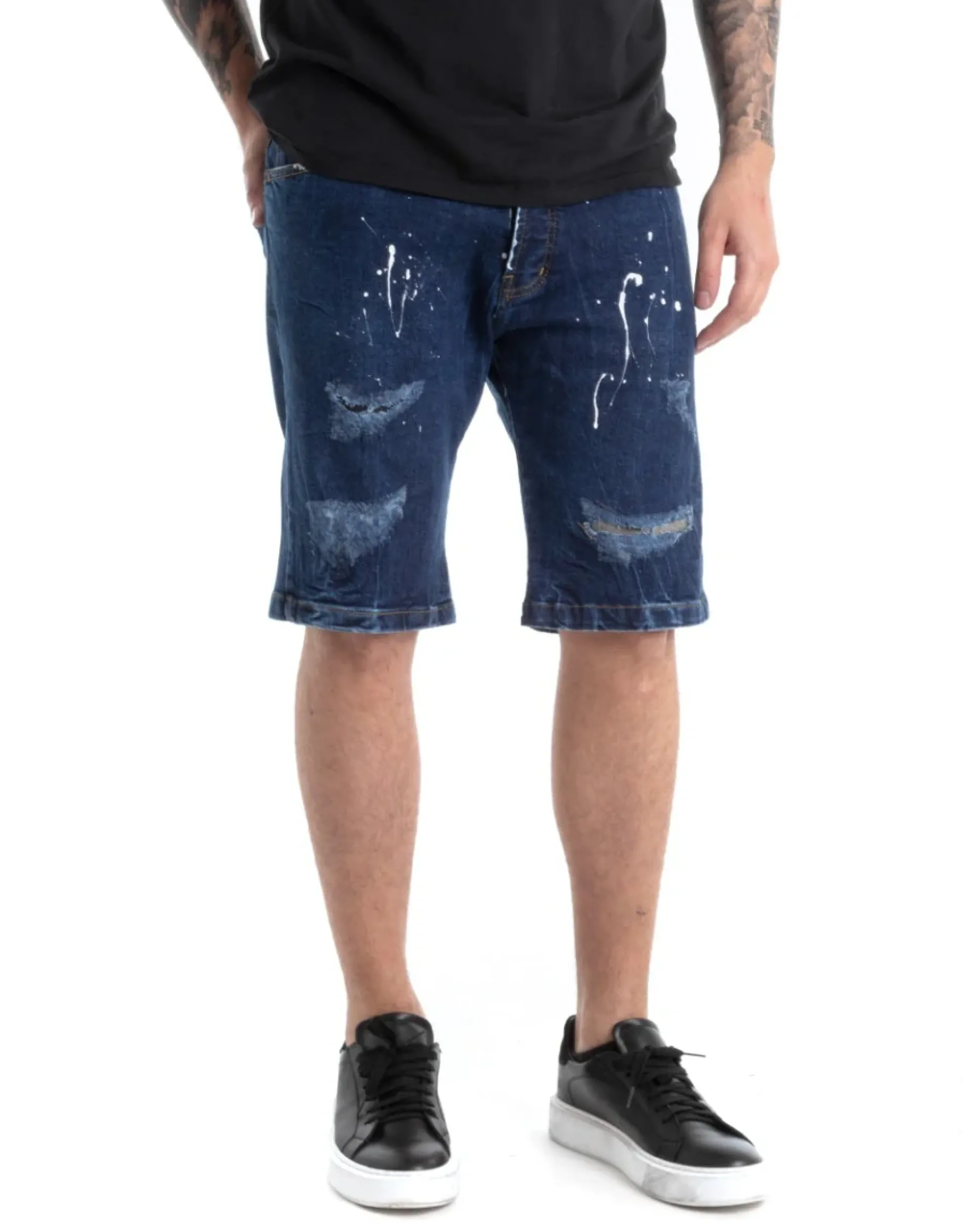 Bermuda Pantaloncini Uomo Corti Jeans Cinque Tasche Con Rotture Regular Fit Sfumato Denim Macchie Pittura GIOSAL-PC1817A